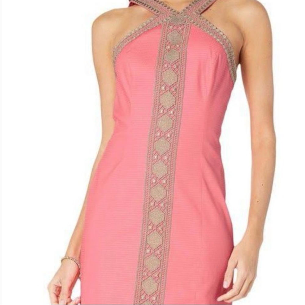 NWOT Lilly Pulitzer Vena Stretch Shift Dress Pink with Gold Detailing, Size 14